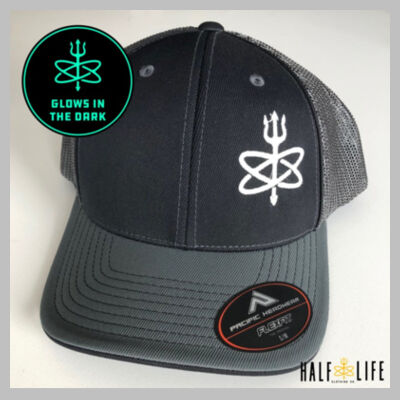 Glow in the Dark - Black/Grey Atomic Trident of Poseidon  - Fitted Trucker Mesh Hat Design