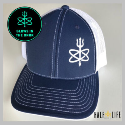 Glow in the Dark - Navy/White Atomic Trident of Poseidon - Fitted Trucker Mesh Hat Design