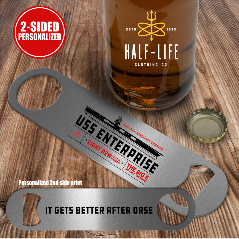 Personalized USS Enterprise with 1982-2012 Island - 2 sided - Pub Style Stainless Steel Bottle Opener Thumbnail