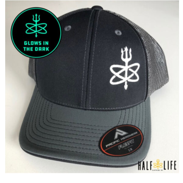 Glow in the Dark - Black/Grey Atomic Trident of Poseidon  - Fitted Trucker Mesh Hat Thumbnail