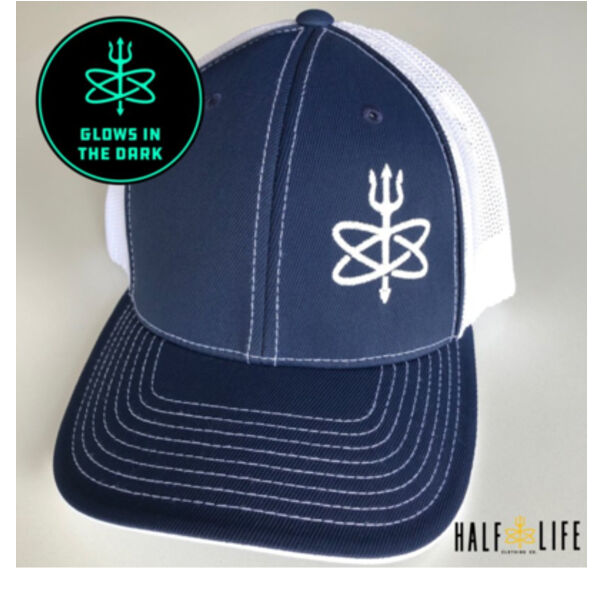 Glow in the Dark - Navy/White Atomic Trident of Poseidon - Fitted Trucker Mesh Hat Thumbnail